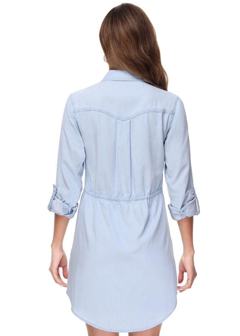 Anna-Kaci Women's Jean Shirt Dress Long Sleeves Waist Ties Casual Short Chambray Denim, Light Blue, Large - Image 2
